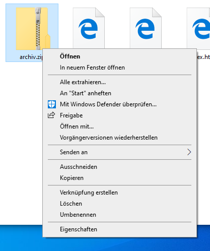 Screenshot Kontextmenü Zip-Archiv